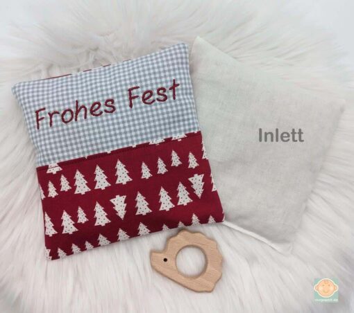 Wärmekissen mit Frohes Fest Schriftzug und Tannenbaum-Muster